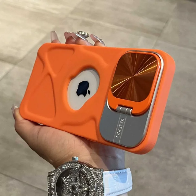 Fashion Logo Hole Magnetic Case for iPhone 11 12 13 14 15 16 Pro Max Plus Lens Protection Flip Stand Magsafe Silicone Soft Cover Orange For iPhone 11ProMax