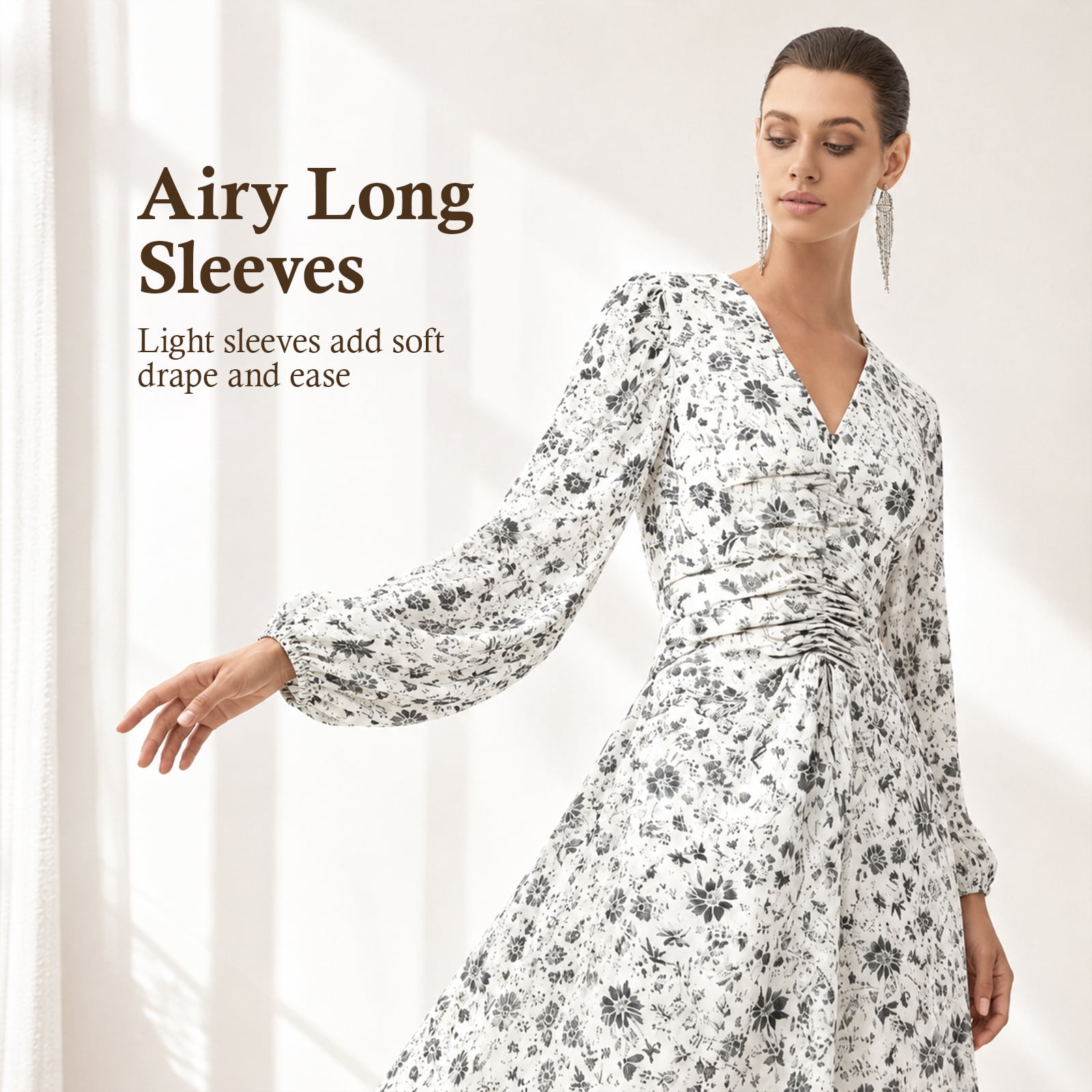 Alvantor Women's Ivory Multi Floral Midi Dress with V-Neck, Long Sleeves and Ruched Waist