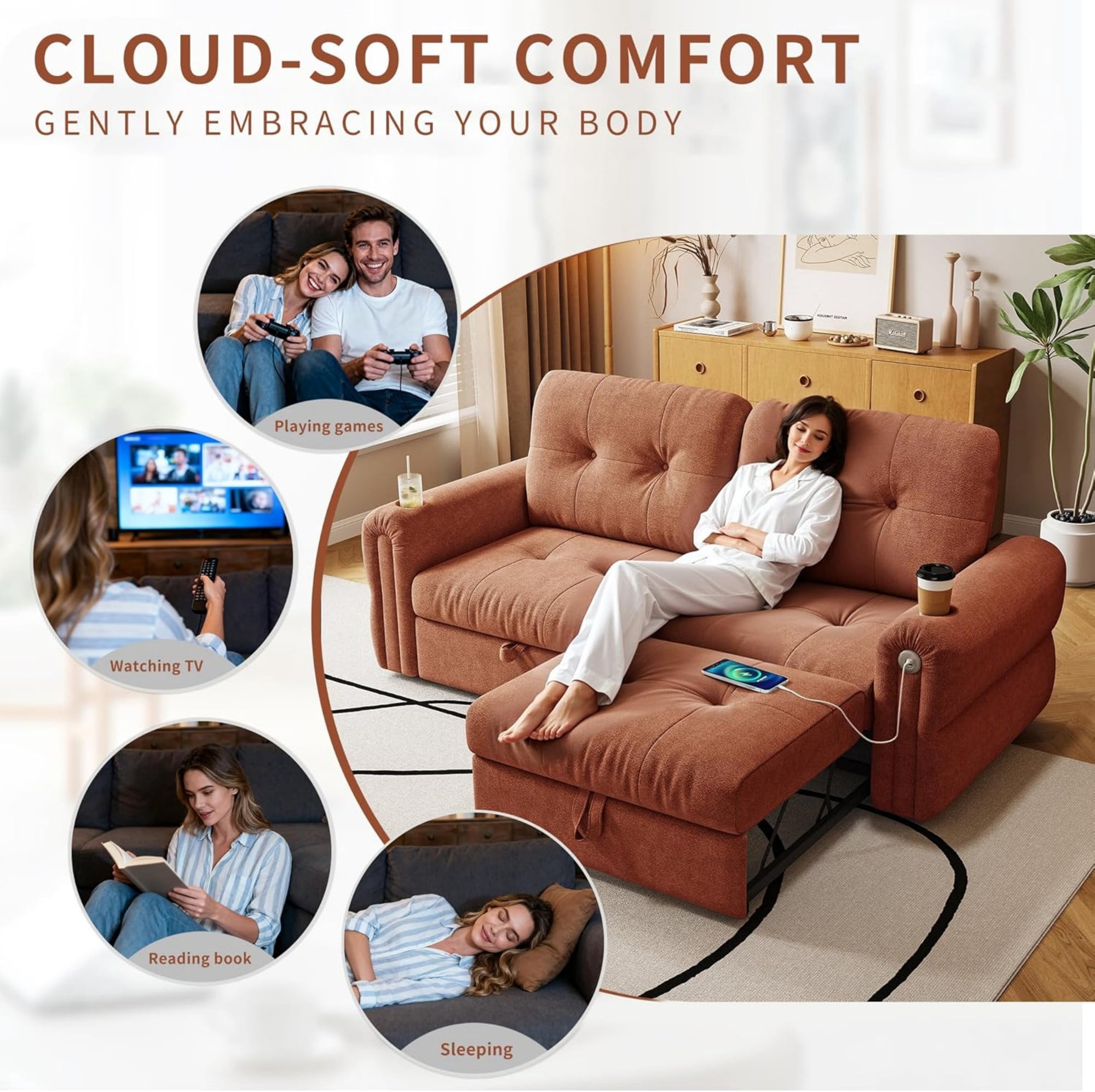 LLappuil 77" Pull Out Sofa Bed Queen Size, Loveseat Sofa Convertible Sofa Bed with USB Port Cupholders, Chenille Sofa Couch for Living Room Orange
