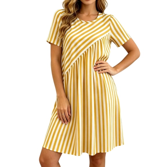 Lenpel Womens Short Sleeve Casual Dresses Striped Crew Neck Knee Length T Shirt Dresses Fashion Loose Lounge Dresses
