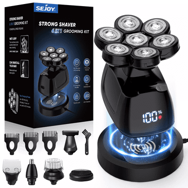 Sejoy 7D Head Shaver for Bald Men, 6 in 1 Cordless Waterproof Men Electric Razor, Wet/Dry Use Grooming Kit, LED Display, Type-C Charge& Recharge Dock