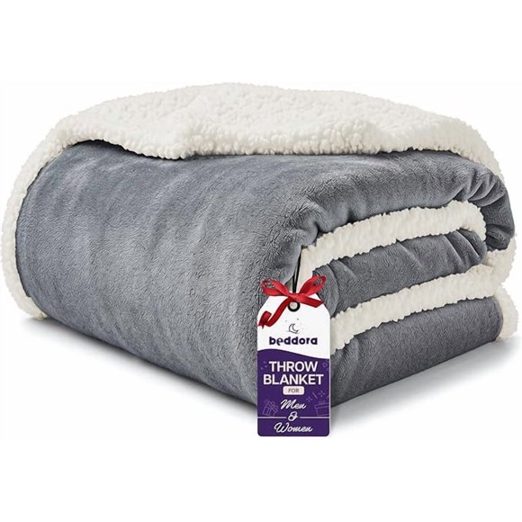 Beddora Luxury Flannel Sherpa Throw Blanket – 50” x 60” – Ultra-Soft & Warm – 450 GSM Plush Reversible Fleece – Cozy Winter Couch or Bed Blanket – Grey