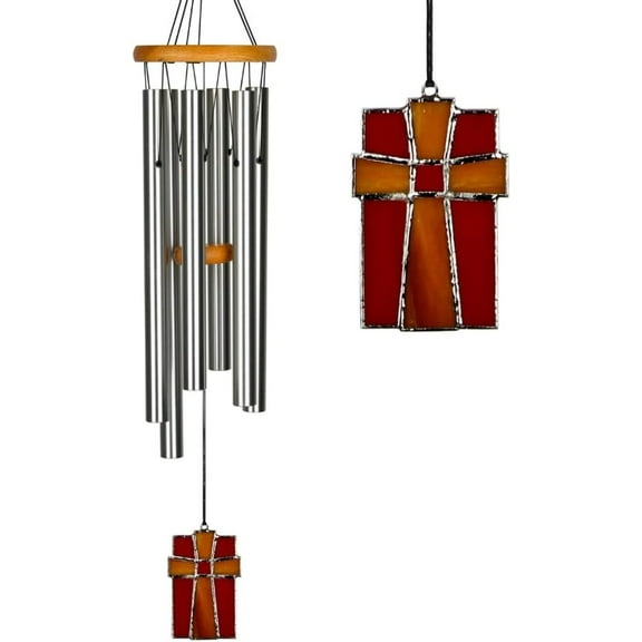 Woodstock Wind Chimes for Outside, Outdoor Decor, Garden, Patio and Front Porch Decor, (28") Memorial Sympathy Wind Chimes Amazing Grace Wind Chime Stained Glass Cross (AGS)