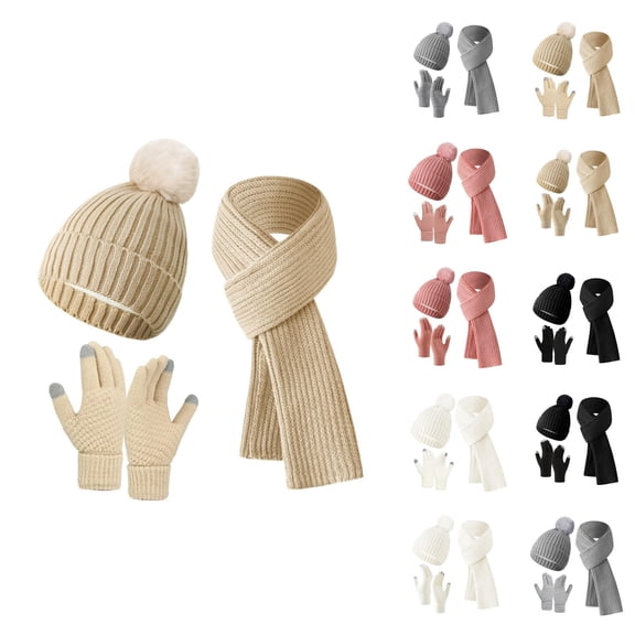 Women Knit Hat Scarf Gloves Set - Plush Thick Beanie Neck Warmer Mittens, Winter Warm Stocking Stuffers, Fashion Christmas Gifts For Teen Girls