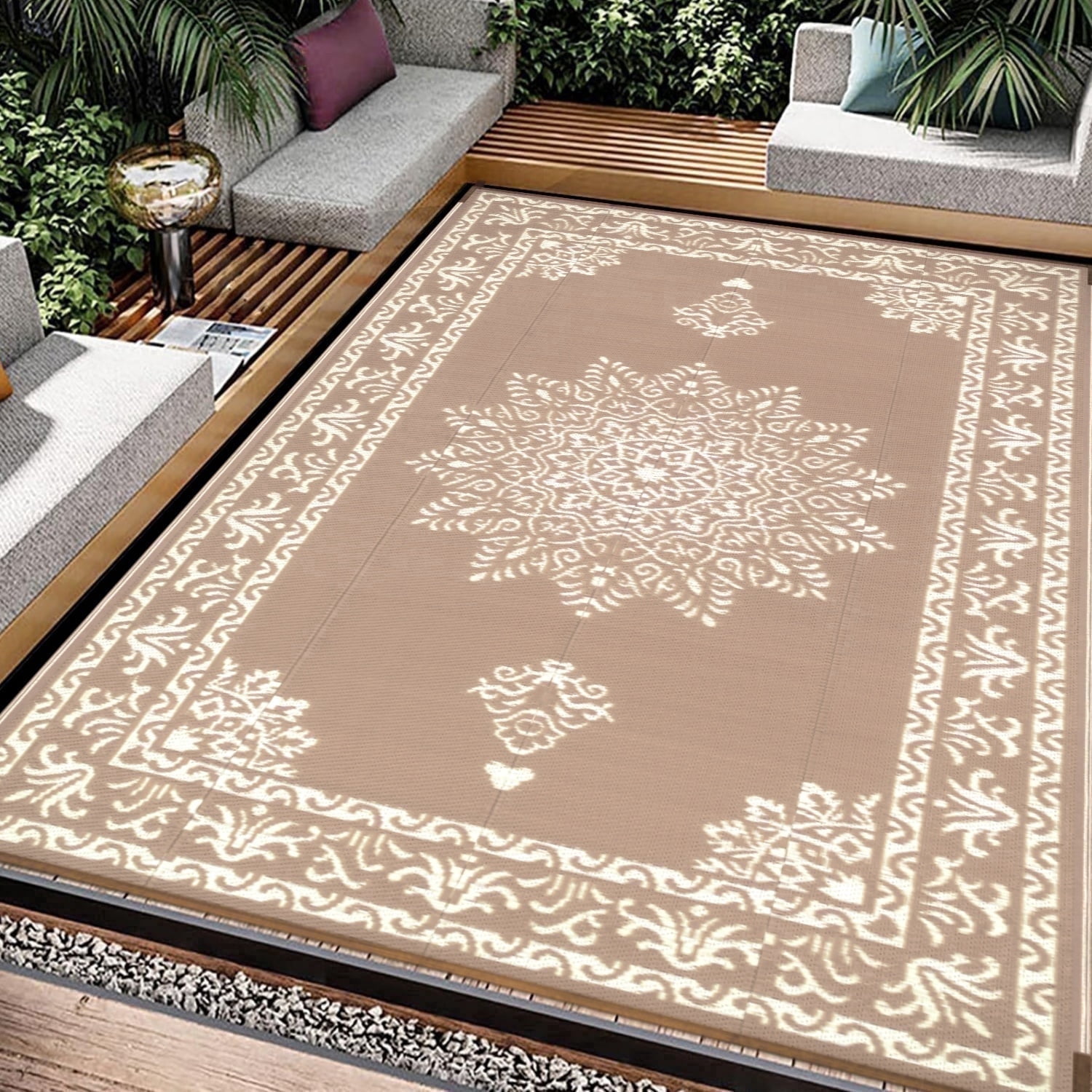 Yamaziot 8'x10' Outdoor Rugs Patio Rug Reversible Mats, RV Rug, Waterproof Camping Rug Plastic Straw Outdoor Rug for Patio, Porch, Balcony, Beach, Deck, Backyard, Garden, Beige