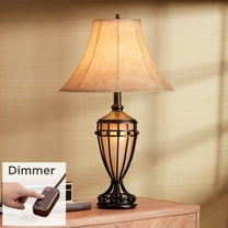 Franklin Iron Works Cardiff Rustic Table Lamp 33" Tall Brushed Iron with Table Top Dimmer Nightlight Beige Fabric Shade for Bedroom Living Room Office