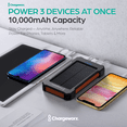 thumbnail image 3 of ChargeWorx Solar Power Bank 10,000mAh, Portable Charger with USB-C & Dual USB-A Outputs, Solar Panel, LED Flashlight, IPX4 Waterproof External Battery Pack for iPhone, Android, Outdoor Travel, 3 of 7