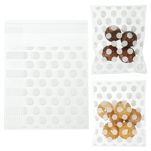 100pcs Clear Treat Bags, 4"x 3" Self-Adhesive Cookie Bags with Dot Pattern for Candy Packaging, White