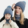 thumbnail image 2 of CNKOO 2Pcs/Set Knitted Hat Neck Warmer Parent-child Pompom Striped Stretchy Windproof Keep Warm Thickened Autumn Winter Mom Baby Beanie Scarf Kit for Outdoor, 2 of 10