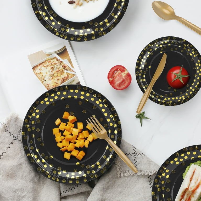 Aschef 202pcs Eco Friendly Disposable Tableware Set Black Gold Foil Dot Design for 25 Guests Walmart