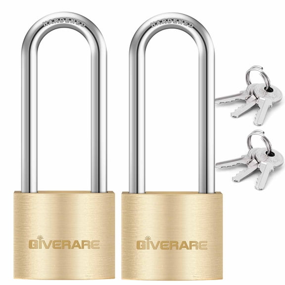 2 PACK Keyed Locks with Keys, Extra Long 2-3/8" Shackle Solid Brass Copper Padlock, Small Travel Waterproof Lock with 32MM Wide Body for Warehouse, Tool Box, Hasp, Gym, Locker, Sheds-Golden