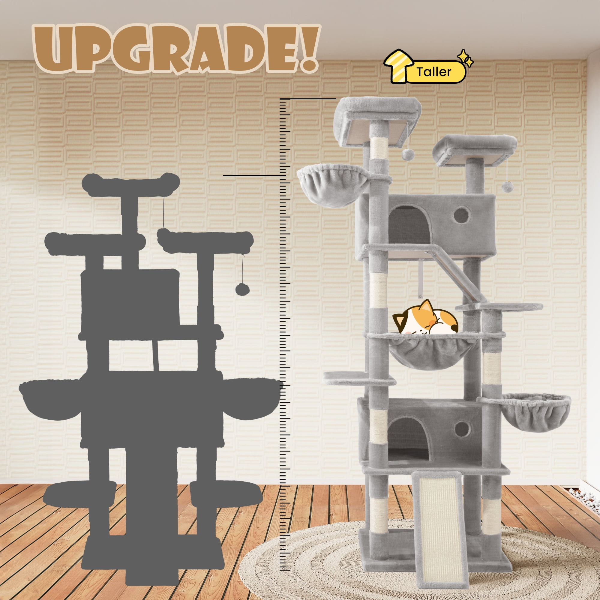 Sha Cerlin 81" Large Cat Tree Tower with Cat Condo & Hammock, Multi-Level & Sisal Scratching Post, Grey