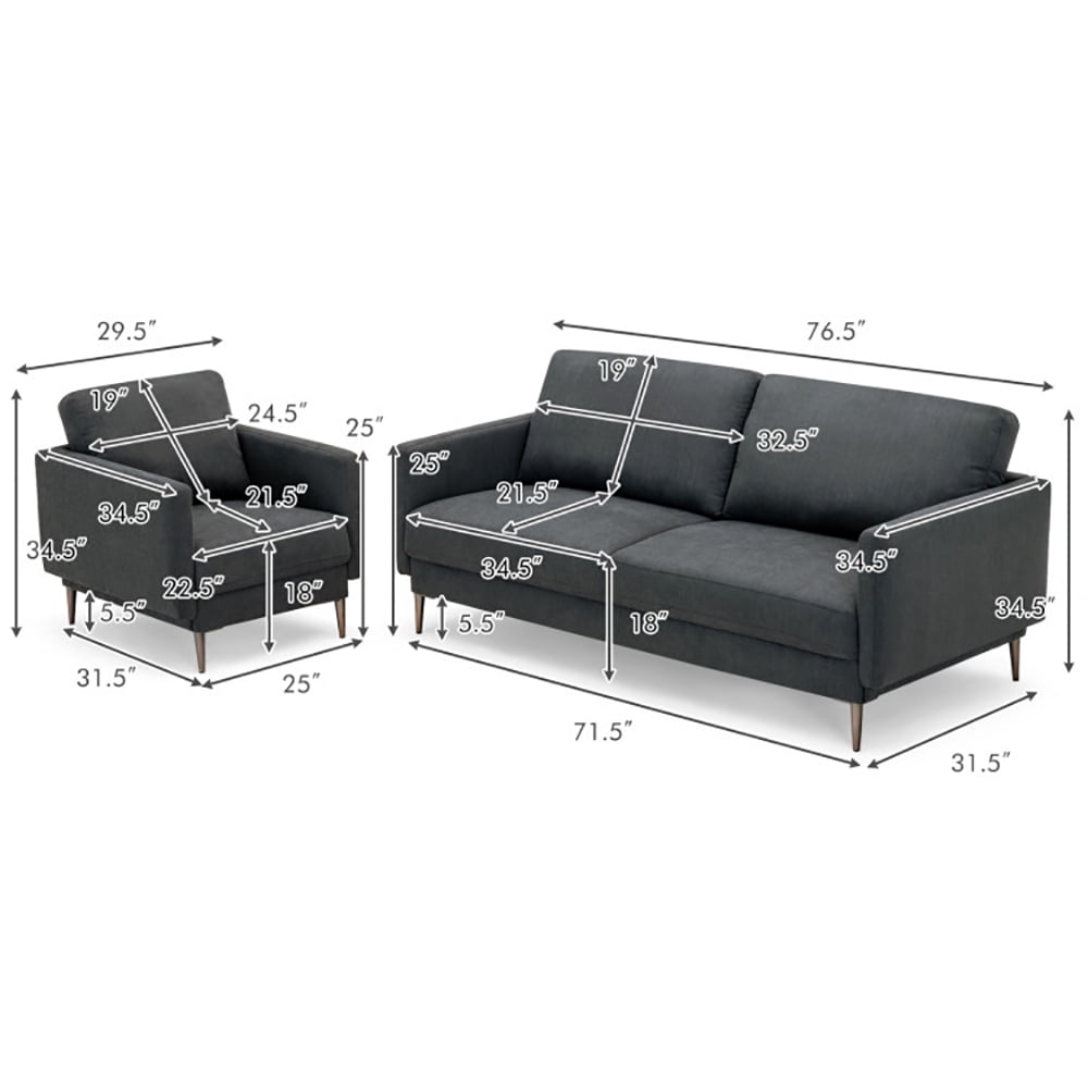 Finihen Sofa Set, Modern Sofa Couch with Solid Metal Legs and Removable Backrest Cushion, for Living Room, Bedroom, Gray