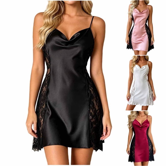Women's Cool Glossy Imitation Silk Sleep Slip Dress, Delicate Lace Trim Cowl Neck Side Split Backless Spaghetti Strap Mini Nightgown Black XL(XL)