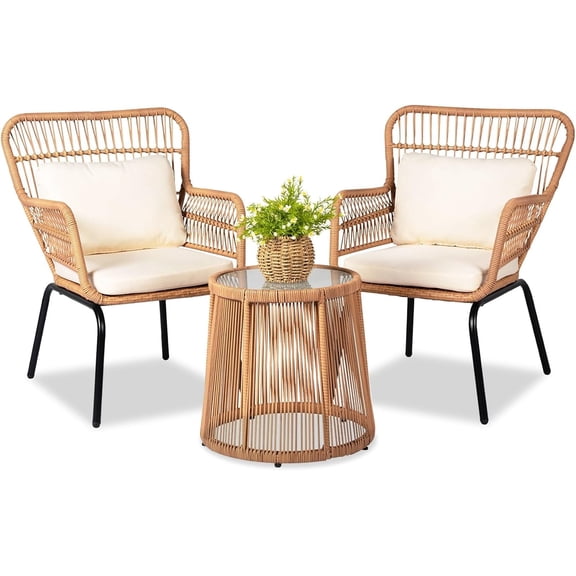 3 Piece Outdoor Wicker Bistro Set Yellow/Beige Rattan Patio Conversation Set with Round Glass Table and Cushions PE Rattan Steel Frame Model HOMEZHZNF020