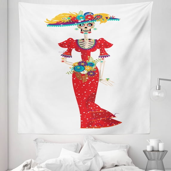 Sugar Skull Tapestry, Hispanic Holiday for Cinco de Mayo Calavera Catrina in Vintage Clothes, Fabric Wall Hanging Decor for Bedroom Living Room Dorm, 5 Sizes, Multicolor, by Ambesonne