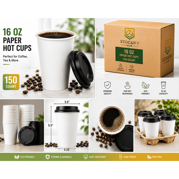 16 oz White Paper Hot Cups Disposable Coffee Cups 150 Count