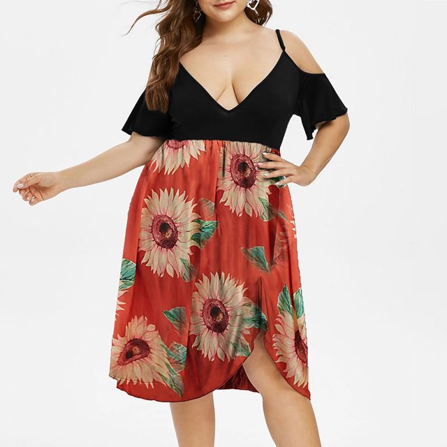 LSLJS Women Plus Size V-Neck Floral Print Short Sleeve Boho Dress