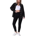 thumbnail image 2 of Chaqueta de mezclilla de manga larga con botones y bolsillos para mujer, estilo oversized, con dobladillo deshilachado, 2XL, negra, 2 of 6