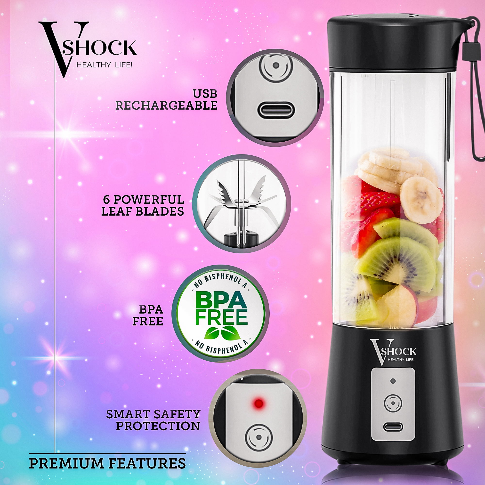 V-Shock Mini Cordless Portable Personal Blender for Shakes and Smoothies,  USB Rechargeable, 16 oz. Jar with Leakproof Travel Lid, 6 Stainless Steel