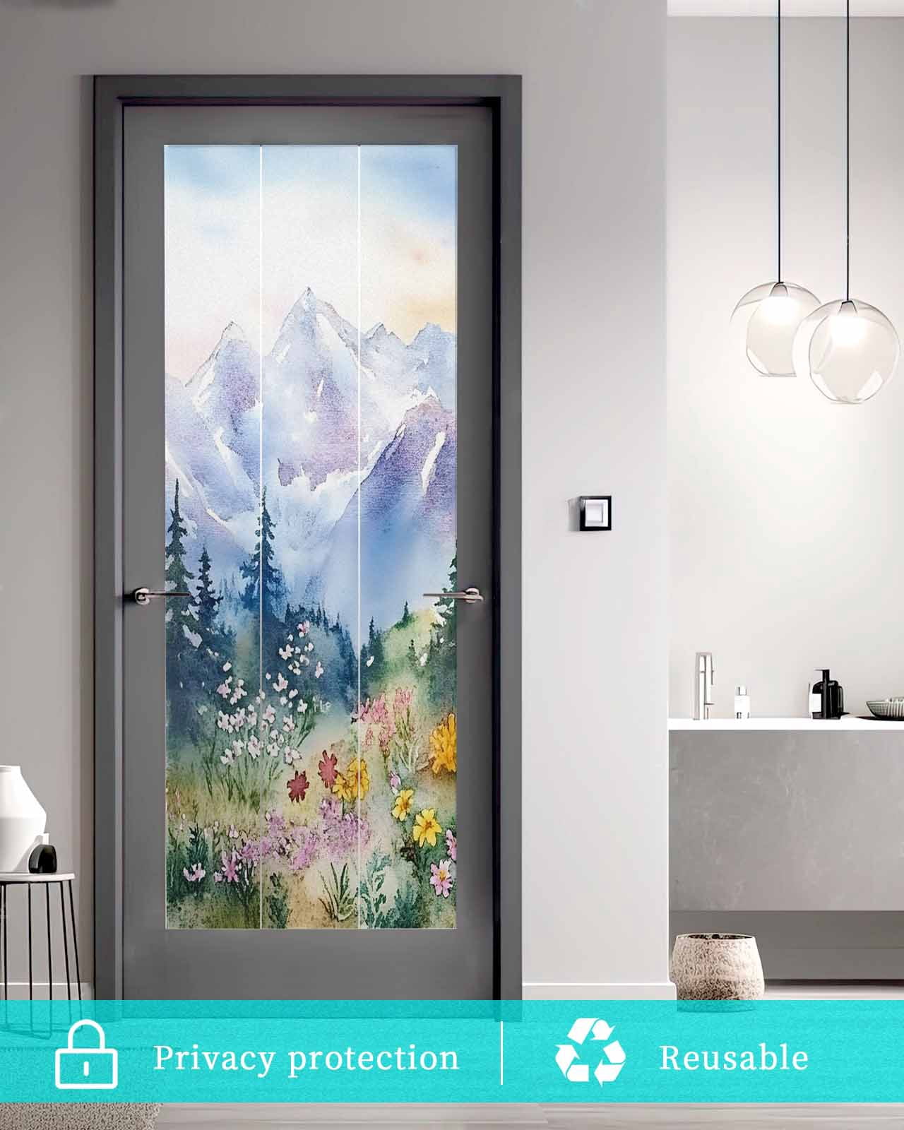 Window Privacy Film Forest Mountains Stained Glass Window Film Decorative Sun Block Window Cover Watercolor Natural Flower Tree Window Clings Static Adhesive Sticker for Bathroom 23.6"x59"