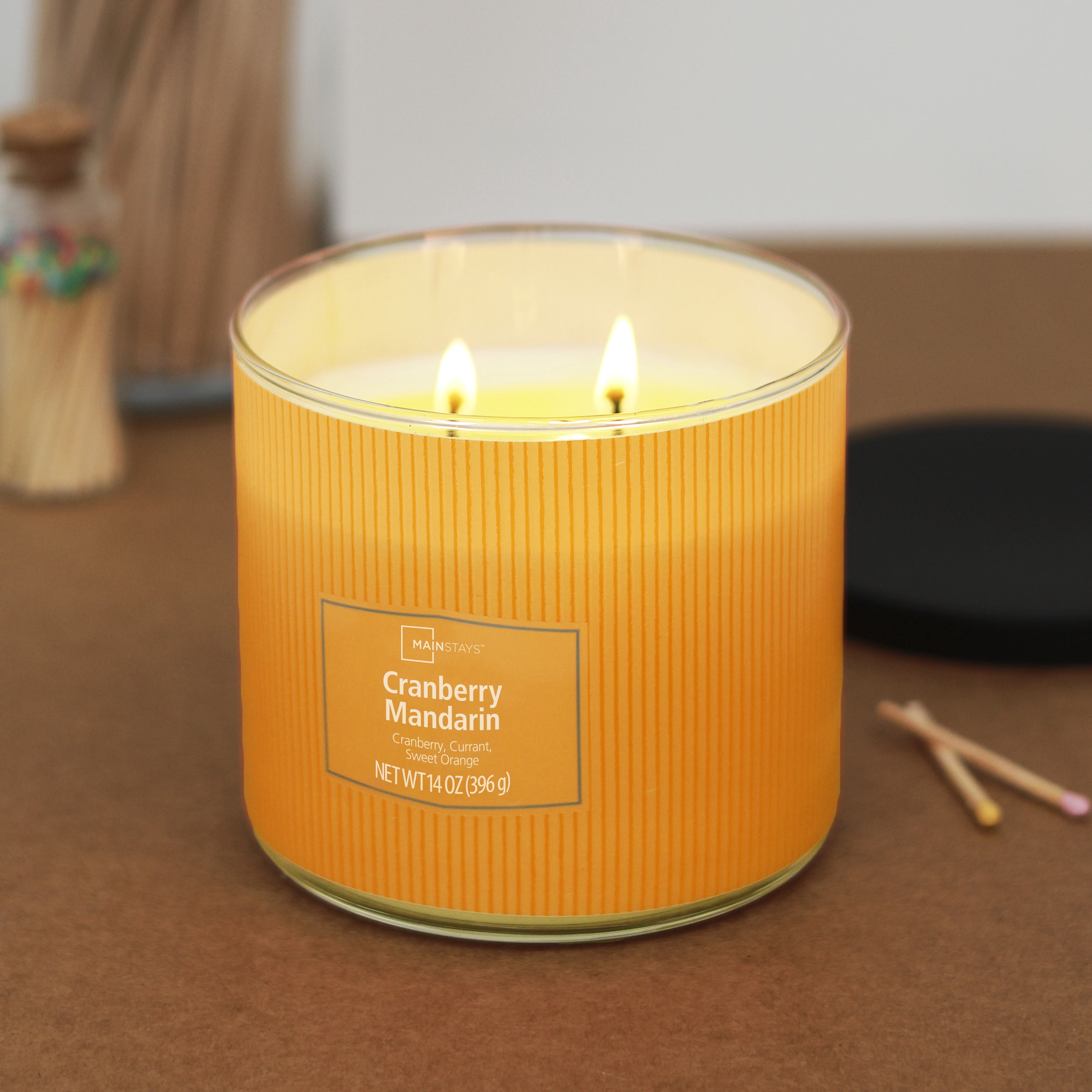 (1 pack) Mainstays 3-Wick Cranberry Mandarin Scented Candle, Textured Wrapped Jar, 14 oz