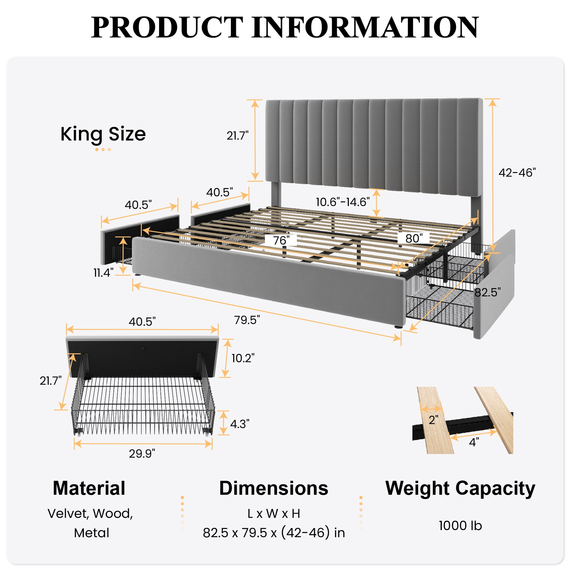 SHA CERLIN King Size Platform Bed Frame with 4 Storage Drawers, Vertical Channel Tufted Adjustable Headboard, Velvet Upholstered, Wooden Slats Support, No Box Spring Needed, Gray