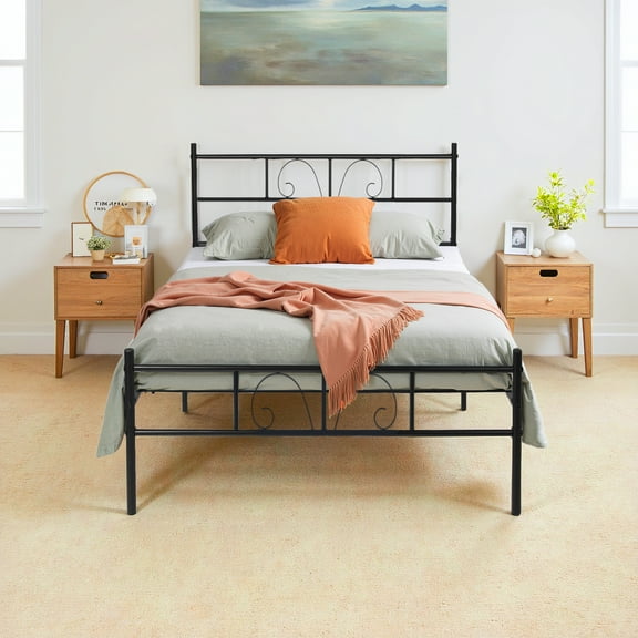 Twin Bed Frame, Twin Size Platform Bed Frame with Headboard, Metal Slats Support, No Box Spring Needed, Noise Free, Black