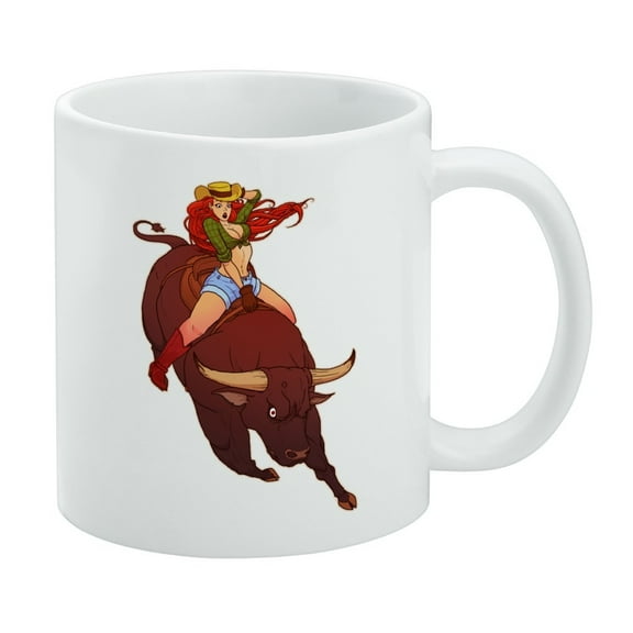 Cowgirl Pinup Riding Bucking Bull Rodeo White Mug