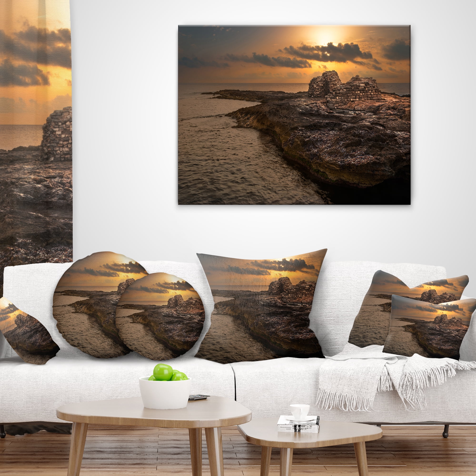 Designart Rocky Coast with Ancient Ruins - Oversized Beach Throw Pillow - 16x16