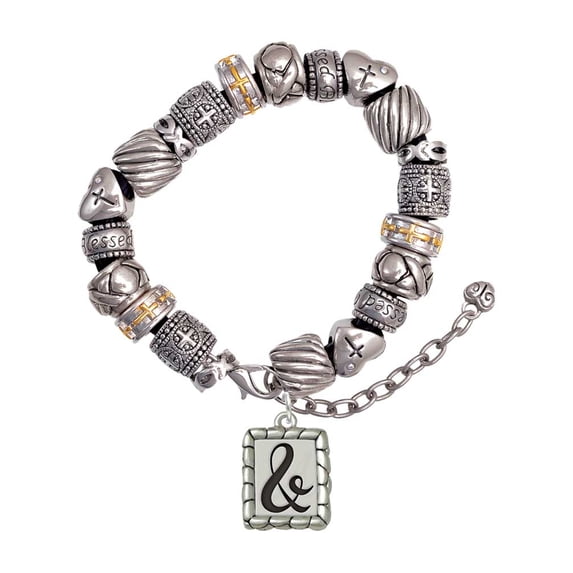 Silvertone Pebble Border Initial - & Silver Tone Christian Bead Bracelet