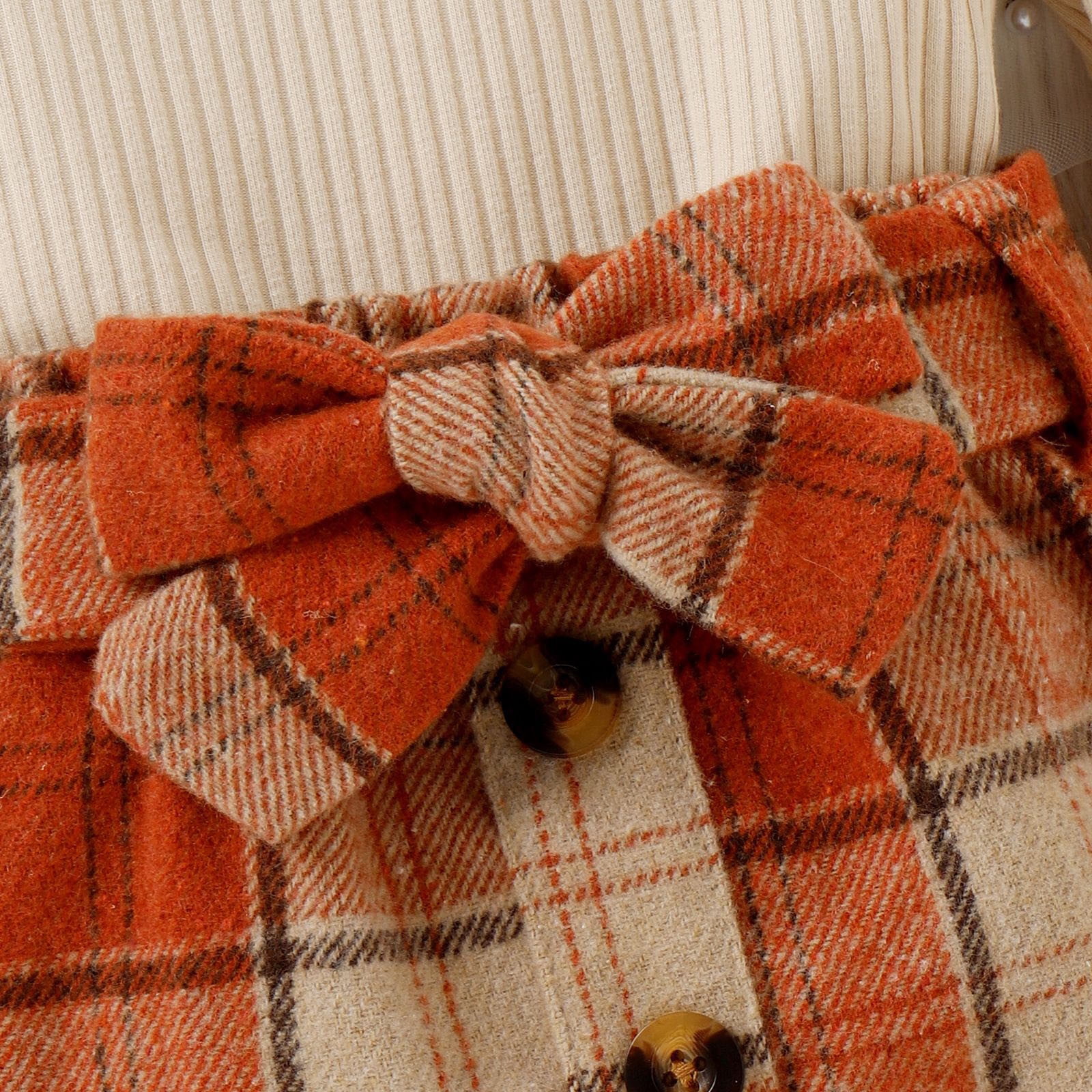 Daqian Baby Clothes for Girls Knit Bubble Sleeve Long Sleeve Top + Plaid Skirt Set Suitable for 6 Months-3 Years Old Girls Clothes Sets Orange 3-4 Years