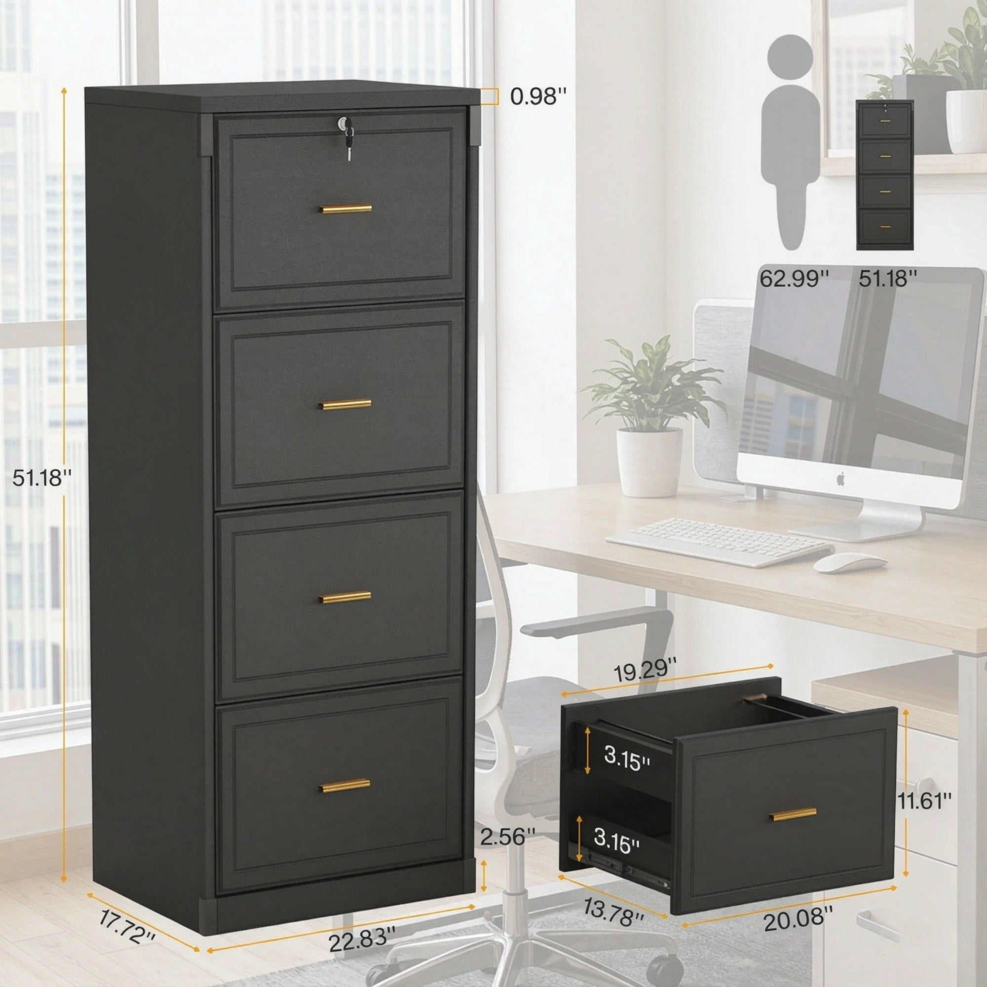 Astoutdoor 4-Drawer Vertical Filing Cabinet, MDF, 54.92 in Long, Black Linen Finish