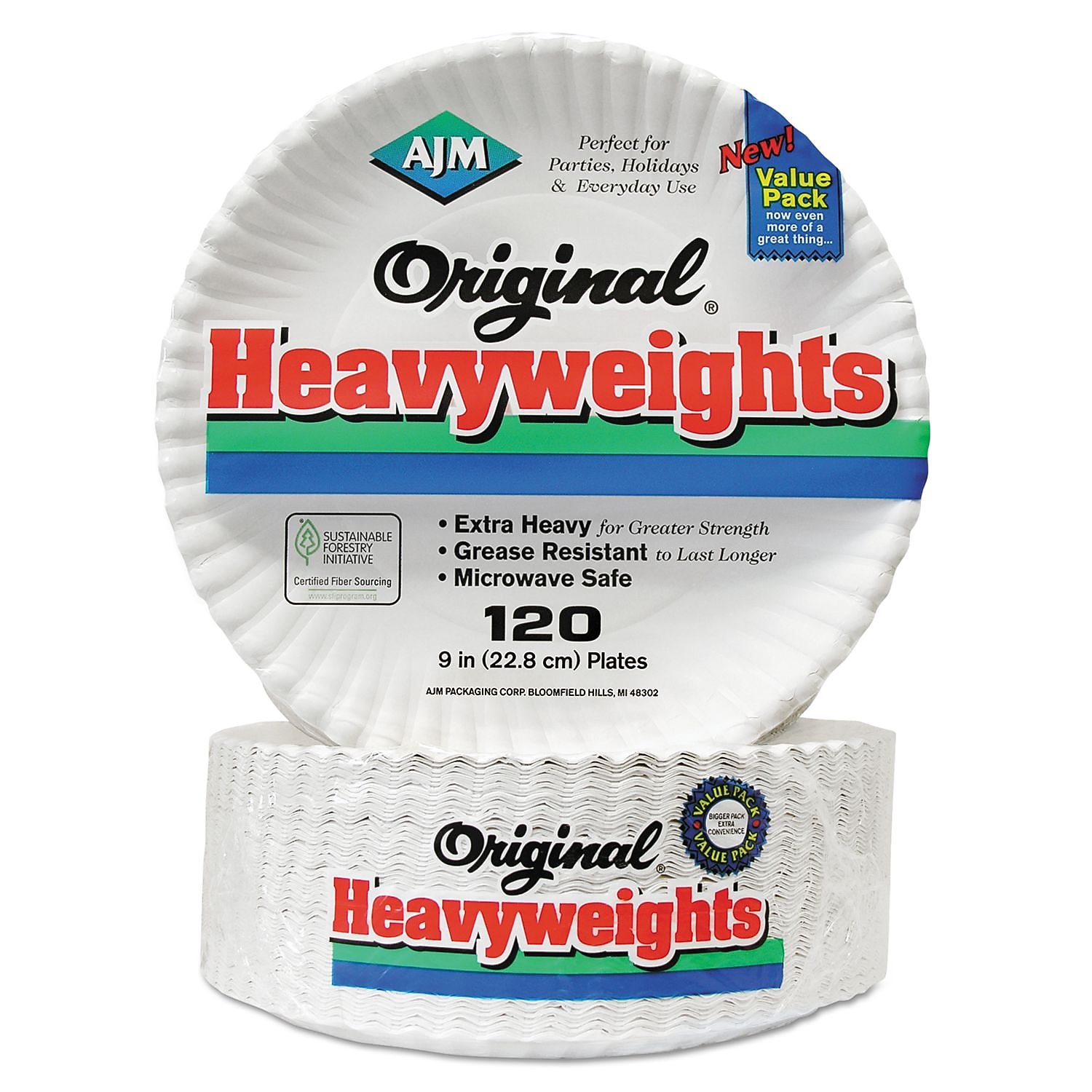 AJM Gold Label Coated Paper Plates 9" dia White 120/PK 8 PK/CT OH9AJBXWH