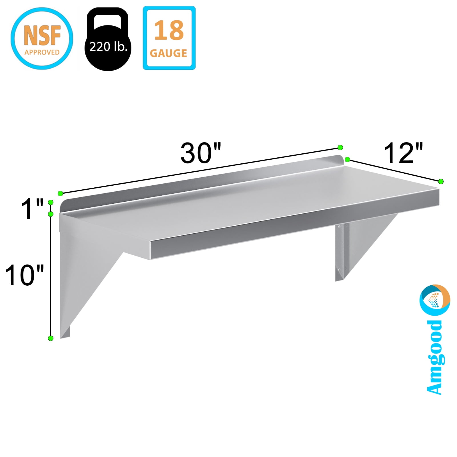 AmGood 12" Width x 30" Length | Stainless Steel Wall Shelf | Square Edge | Metal Shelving | Heavy Duty | Commercial Grade | Wall Mount | NSF Certified