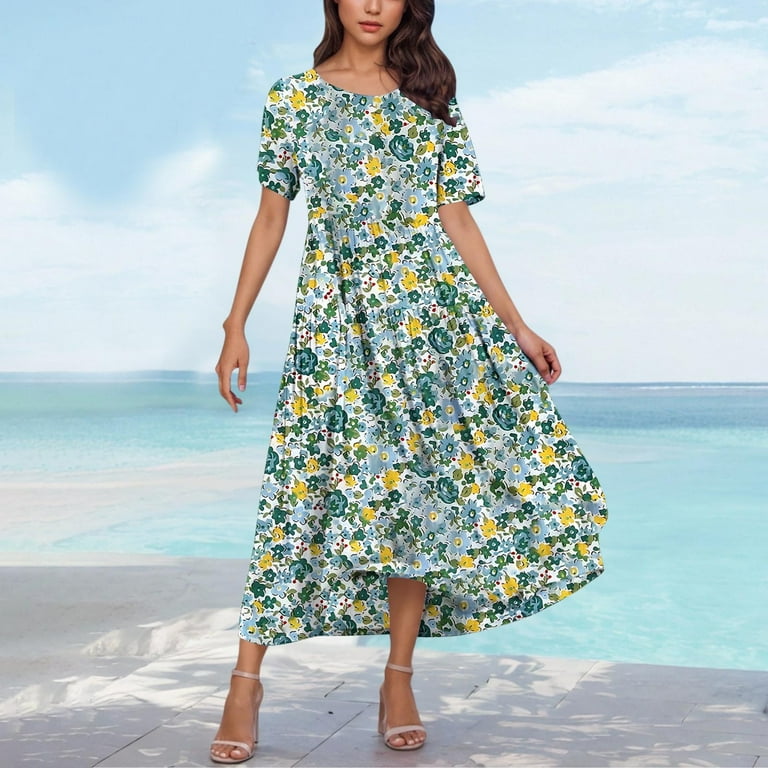 LOVZFMLL Summer Dresses for Women Short Sleeve A-Line Maxi Dresses Casual  Floral Boho T-Shirt Dresses Flowy Beach Sundresses with Pockets Light Green  C S - Walmart.com