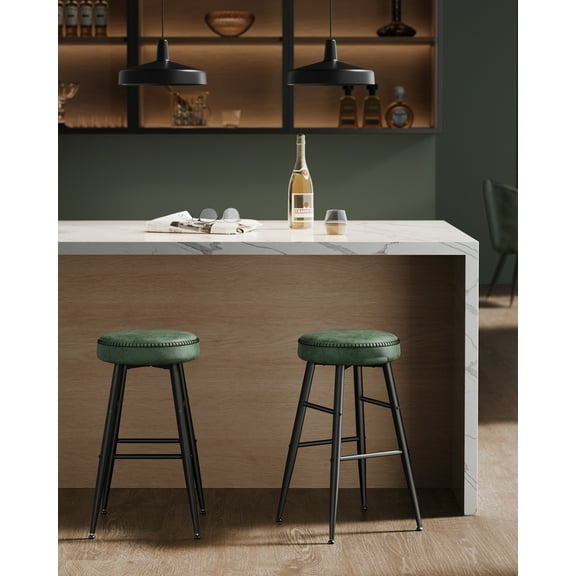 Bar Stools Set of 2, 24.8" Counter Height Stools, Mid-Century Modern Backless Design, Water-Resistant Synthetic Leather & Metal Frame, Swivel Leveling Feet, Black