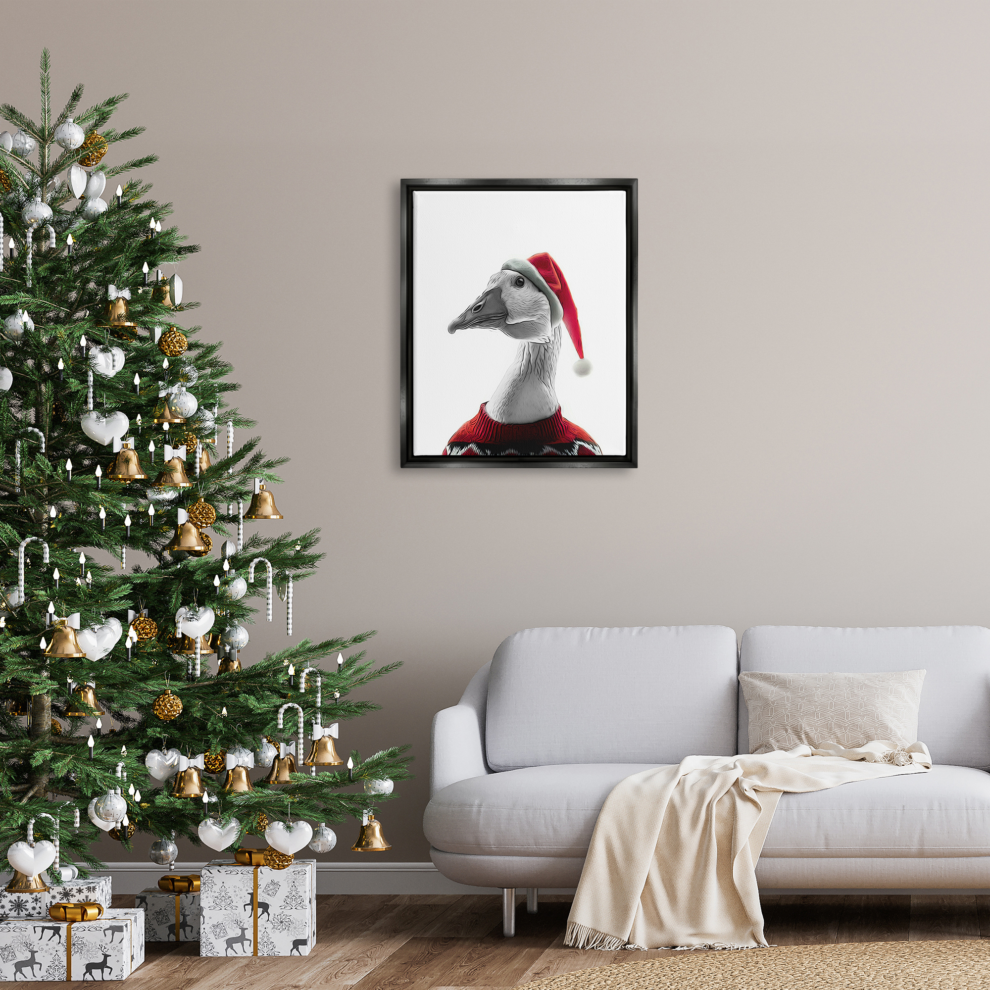 Stupell Industries Duck in Santa Hat Holiday Painting Black Floater Framed Canvas Art Print Wall Art, 25 x 31