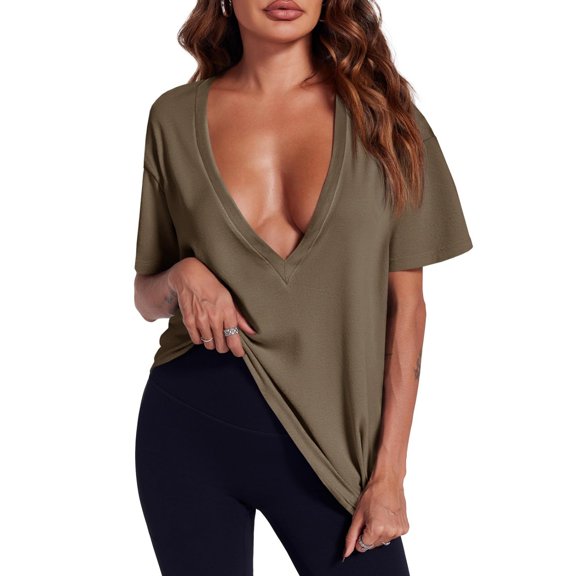 Summer Women Short Sleeved Top Deep V Neck T Shirt Casual Loose Basic T Shirt