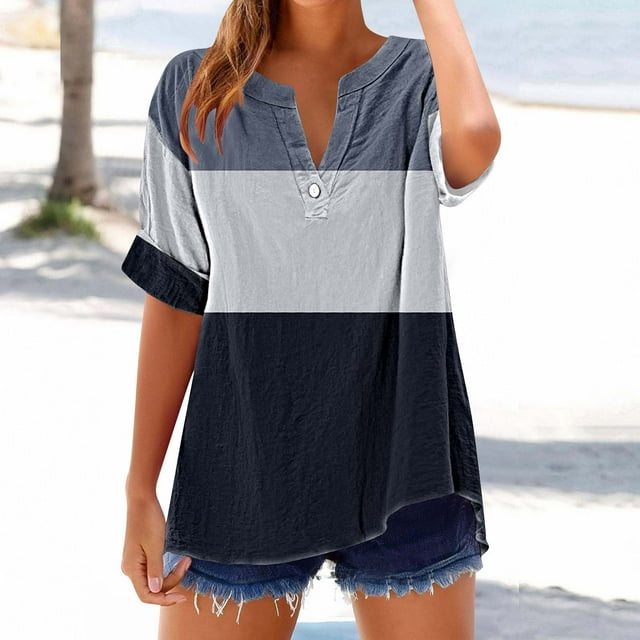 LOVZFMLL Hauts d'Été pour Femmes T-shirt Imprimé Décontracté à Manches Courtes et Col en V avec Boutons