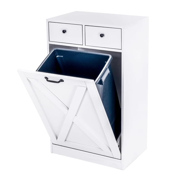 13 Gallons Tilt Out Trash Can Cabinet, Wooden Trash Cabinet with 2 Drawers, Free Standing Kichen Waste Bin Recycling Cabinet Pet Proof Hidden Trash Cabinet for Kitchen (White)，Trash can