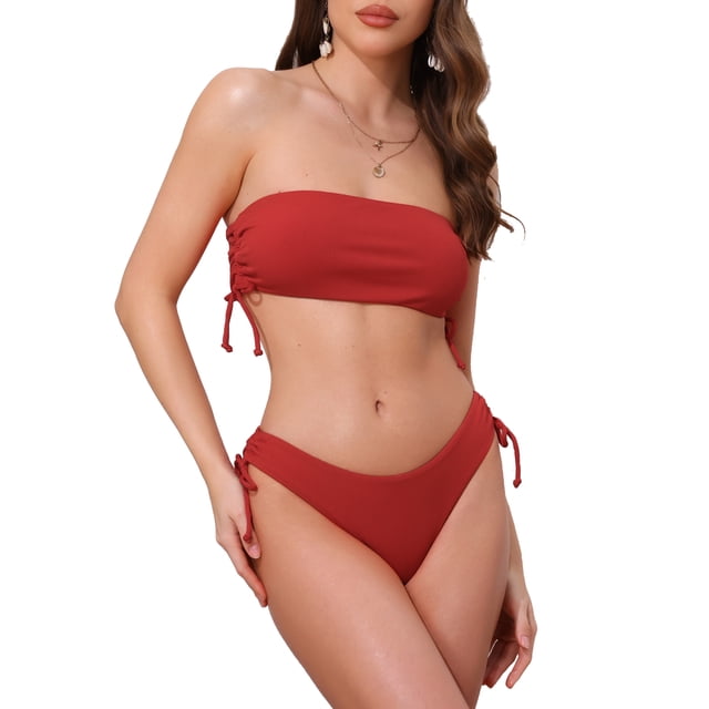 INSPIRAR CHIC Conjuntos de Bikini de Dos Piezas para Mujeres con Tirantes de Banda y Lazo Lateral, Parte Superior Sin Tirantes y Parte Inferior en Forma de Triángulo, Trajes de Baño Talla X-Small Rojo