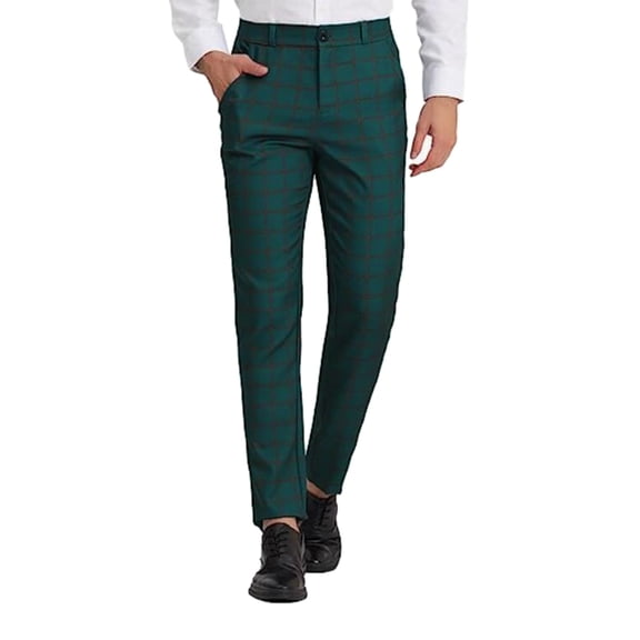 Mens Suit Pants Stretch Skinny Slim Fit Flat-Front Casual Fashion Comfy Solid Pencil Business Dress Plaid Pants Green L