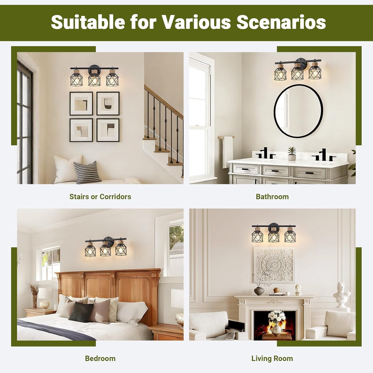 3-Light Farmhouse Bathroom Vanity Light Fixtures over Mirror Matte Black Bathroom Vanity Light Fixtures with Metal Cage Lampshade for Living Room Bedroom Hallway Cabinet