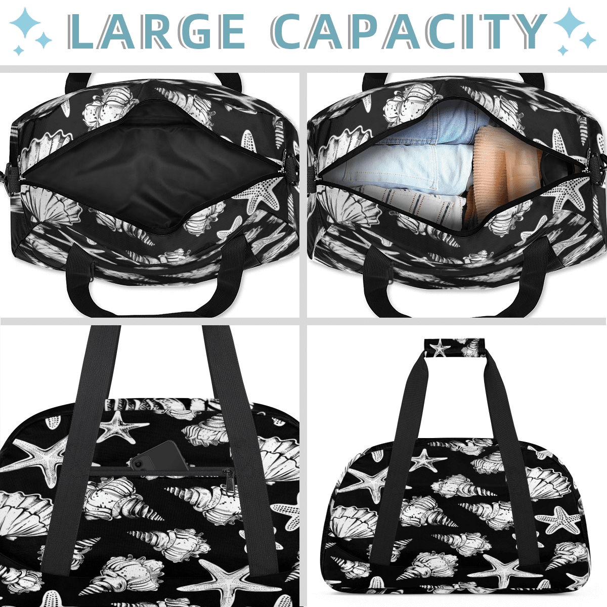 Herdesigns Seashell Starfish Sports Duffle Bag for Women & Men, Gym Bag Dance Bag Overnight Bag Carry On Weekender Travel Bag