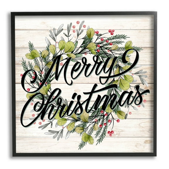 Stupell Industries Merry Christmas Botanical Wreath Graphic Art Black Framed Art Print Wall Art, Design by Kim Allen
