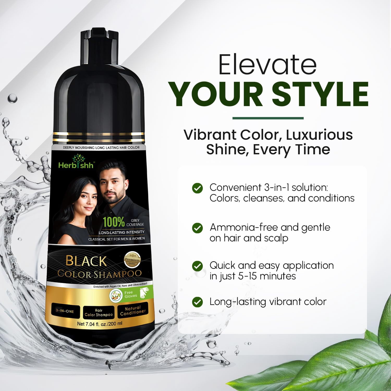 Herbishh Black Shampoo, Hair Dye Shampoo 3 in 1, 100% Grey Coverage, Demi-Permanent Hair Color for Men & Women, Long-lasting Color in 5-15 Mins, Ammonia-free, 200 ml