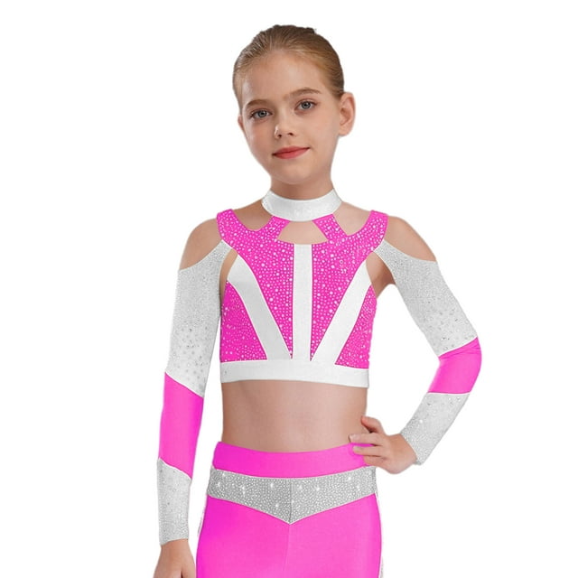 YiZYiF Girls Acrobatics Dance Tops Long Sleeve Rhinestone Shiny Color Block Cross Back Cutout for Gymnastics Sport Wear Hot Pink 12
