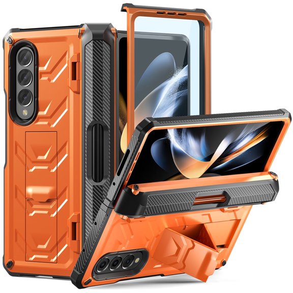 for Galaxy Z Fold 4 Phone 5G Case 7.6 inch 2022 with S Pen Holder & Kickstand & Screen Protector [Wireless Charging],Military Grade Hinge Protection Stand Hard Armor Rugged TPU Cover, Orange