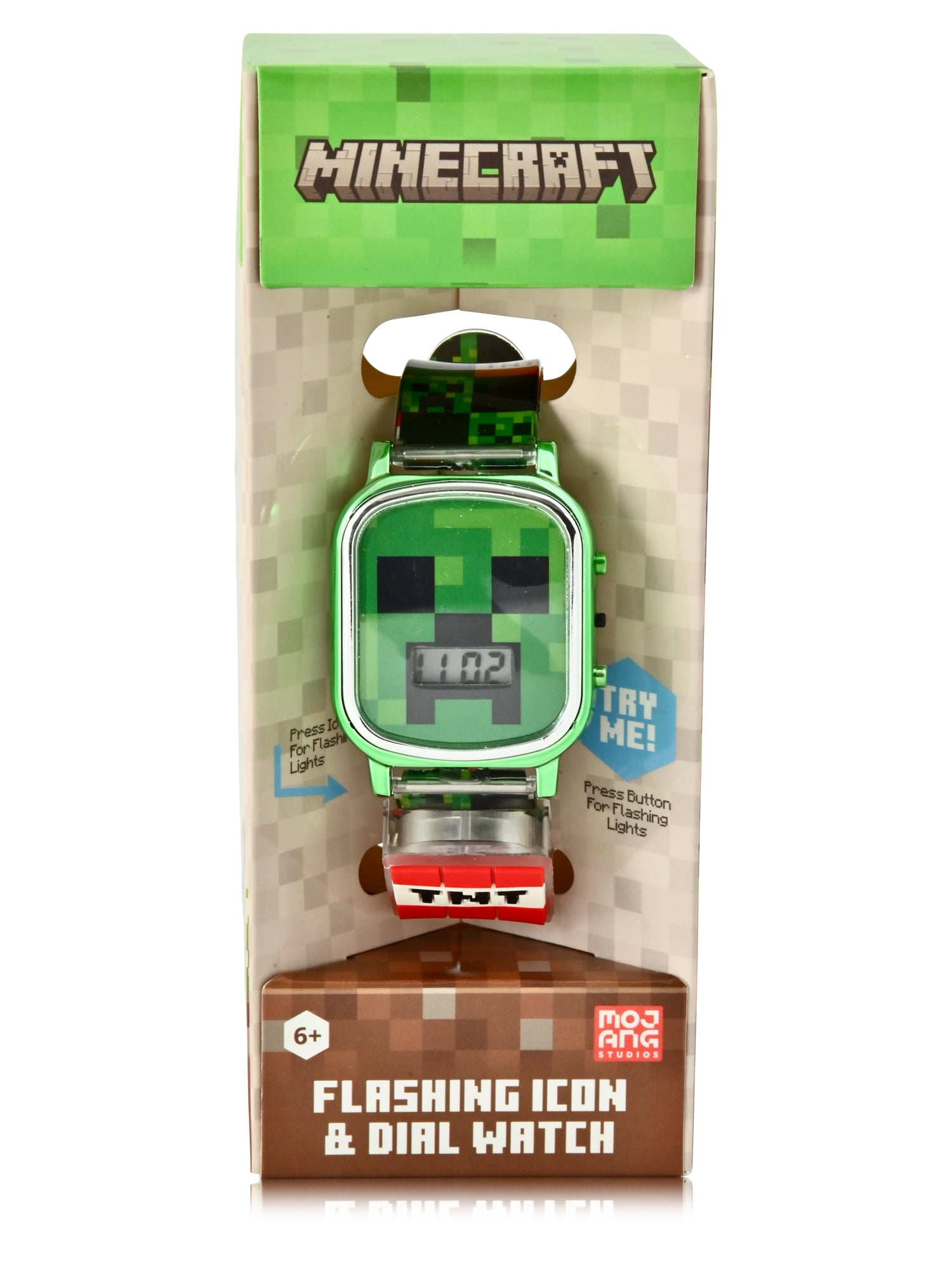 MIN4237WM Minecraft Kids Flashing Lights LCD Watch with Printed Strap and light up icon